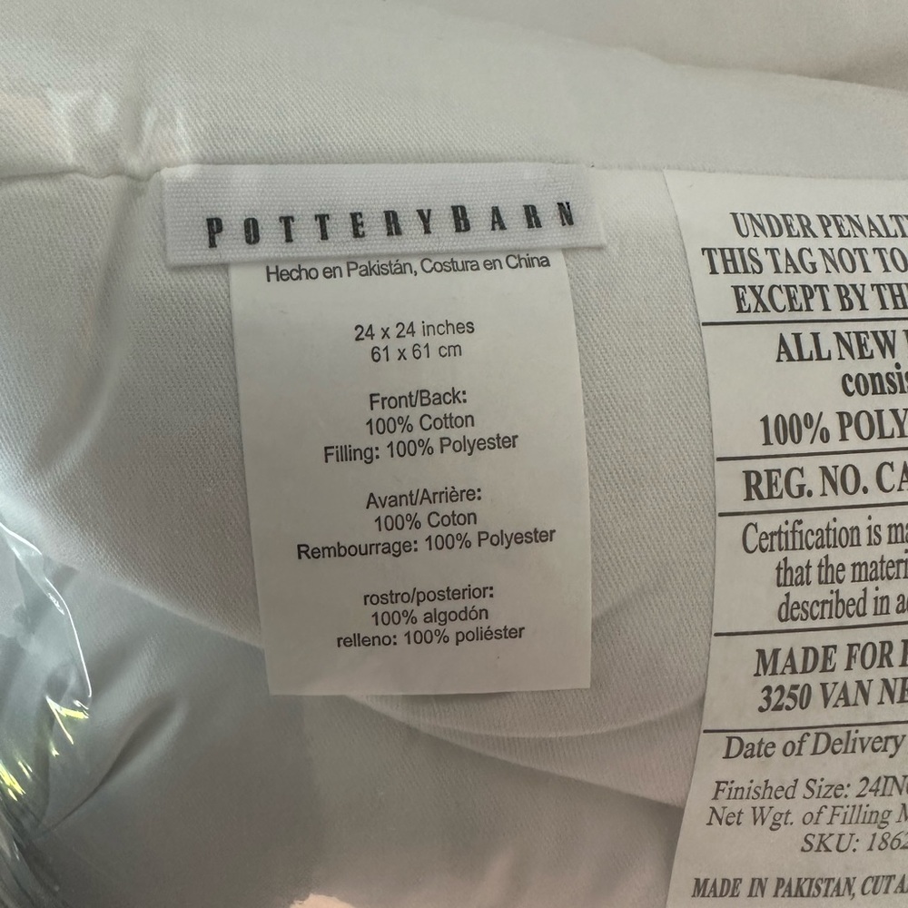 NWT pottery barn down alternative insert for 24 x 24 pillow.